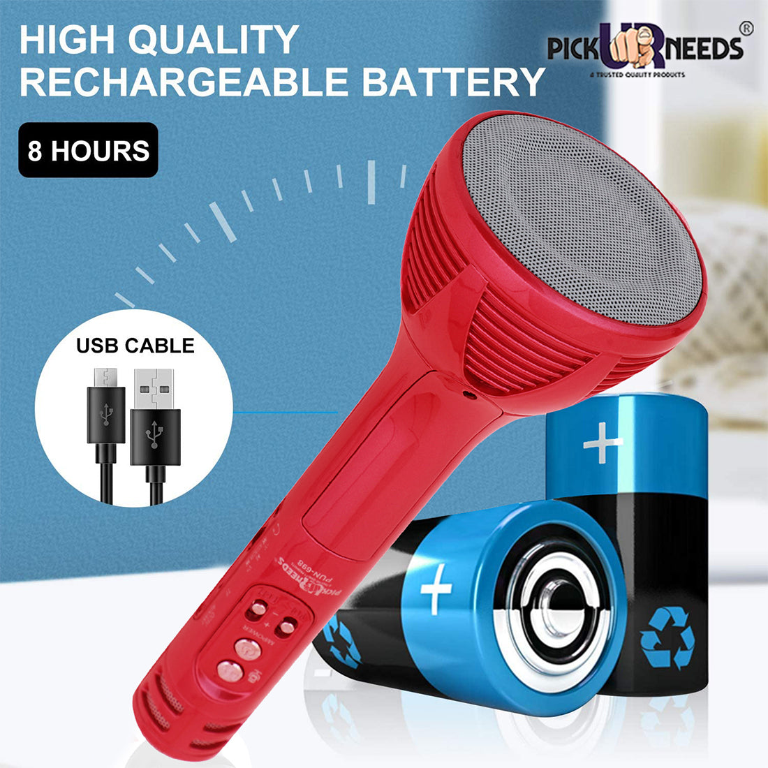 Pick Ur Needs Karaoke Mic with Led Light Wireless Bluetooth Microphone Connection Player Speaker 2-in1 with Recording + USB+FM